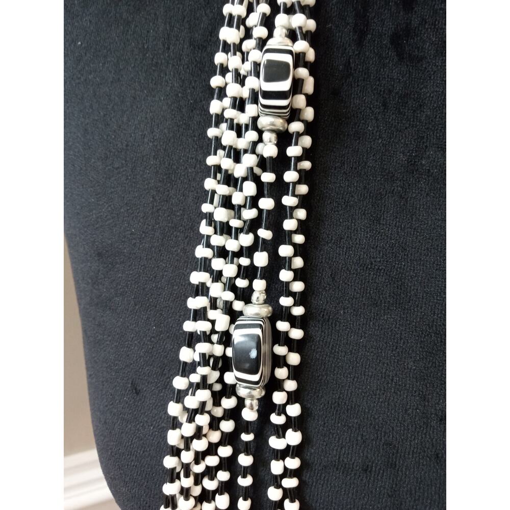 Long Black White Beaded Multi Strand Necklace Layered Boho Statement Jewelry - Picture 4 of 5